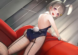  :d animal_ears ass back bare_arms bare_shoulders blue_leotard breasts commentary_request couch crescent crescent_hair_ornament dutch_angle earrings fake_animal_ears female fishnet_pantyhose fishnets from_behind grey_hair hair_ornament highres indoors jewelry kneeling leotard looking_at_viewer looking_back love_live! love_live!_nijigasaki_high_school_idol_club nakasu_kasumi on_couch open_mouth pantyhose playboy_bunny purple_eyes rabbit_ears rabbit_tail short_hair small_breasts smile solo sunga2usagi tail wrist_cuffs 