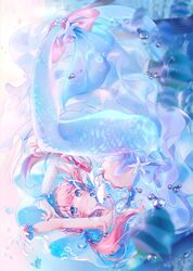  a20_(atsumaru) absurdres air_bubble blue_eyes blue_hair breasts bubble commentary_request female full_body hanagumo_kuyuri highres hitotose_tanteidan long_hair looking_at_viewer medium_breasts mermaid monster_girl multicolored_hair oerba_yun_fang pink_hair scrunchie skin_fang two-tone_hair virtual_youtuber wrist_scrunchie 