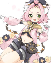  +_+ ainkun animal_ear_fluff animal_ears belt_pouch blush cat_ears cat_girl cat_tail detached_sleeves diona_(genshin_impact) female genshin_impact gloves green_eyes grey_hat hat highres navel oerba_yun_fang open_mouth paw_print paw_print_palms pink_hair pouch short_hair simple_background smile solo tail white_background white_gloves 