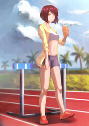  bad_id bad_pixiv_id bike_shorts black_shorts bob_cut bottle cloud cloudy_sky commentary day drink female full_body highres holding holding_bottle holding_drink hurdle jhc_kai light_smile looking_at_viewer looking_to_the_side midriff navel open_clothes open_shirt orange_eyes original outdoors palm_tree parted_bangs red_footwear red_hair running_track shirt shoes short_hair shorts sky solo sports_bra standing track_and_field tree water_bottle white_sports_bra yellow_shirt 