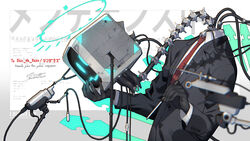  1boy android black_gloves black_jacket business_suit buttoned_cuffs buttons cable character_name collared_shirt commission disembodied_head formal gloves halo highres holding holding_head holding_screwdriver indie_virtual_youtuber jacket long_sleeves mechanical_parts mechanical_spine necktie red_necktie screwdriver shin_da_kazu shirt signature skeb_commission solo suit suit_jacket twitter_username upper_body virtual_youtuber watermark white_shirt zenmaibook 