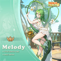  ai-assisted arm_up artist_request blue_sky blush bridge character_name character_profile close-up cloud coin dress dryad female finger_to_cheek flower foot_up full_body gold_trim green_hair green_nails hands_up honeypot house isekai:_slow_life leaf leaf_on_head long_dress long_hair looking_to_the_side melody_(isekai:_slow_life) monster_girl multicolored_hair nail_polish official_art one_eye_closed open_mouth outdoors plant plant_girl railing sky sleeveless smile table tree treehouse very_long_hair white_dress white_flower yellow_eyes 