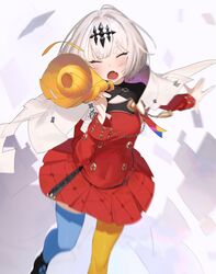  asymmetrical_legwear bad_id bad_twitter_id black_footwear blue_legwear blunt_bangs blurry blurry_foreground blush breasts closed_eyes commentary dress facing_viewer feet_out_of_frame female grey_hair hair_ornament highres hikimayu holding holding_megaphone kaoruko_(unkrk55) long_sleeves lower_teeth_only masterwork_apocalypse megaphone mismatched_legwear oerba_yun_fang open_mouth outstretched_arm red_dress short_dress short_hair skin_fang small_breasts solo tassel teeth white_background xinhua_(masterwork_apocalypse) yellow_legwear 