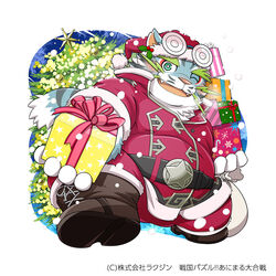  1:1 2020 anthro belly blue_body blue_fur christmas christmas_clothing christmas_headwear christmas_tree clothing felid fur hat headgear headwear holidays humanoid_hands japanese_text kemono kinoshita-jiroh male mammal one_eye_closed overweight overweight_anthro overweight_male pantherine plant raiden_shin&#039;emon santa_claus santa_hat sengoku_puzzle solo text tiger tree white_body white_fur wink 