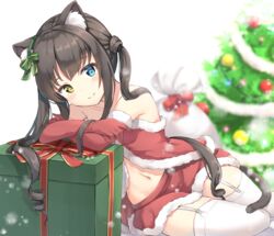  animal_ear_fluff animal_ears bare_shoulders black_hair blue_eyes blurry blurry_background blush bow box cat_ears cat_girl cat_tail christmas christmas_ornaments christmas_tree closed_mouth collarbone depth_of_field elbow_gloves female fur-trimmed_gloves fur-trimmed_skirt fur_trim garter_straps gift gift_box gloves green_bow hairbow heterochromia highres image_sample keiran_(ryo170) long_hair navel original red_bow red_gloves red_skirt sack santa_costume skirt smile solo tail thighhighs tumblr_sample twintails very_long_hair white_background white_thighhighs yellow_eyes 