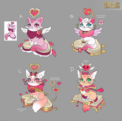  alternate_costume animal animal_focus copyright_name english_text feline green_eyes grey_background heart heartseeker_yuumi highres league_of_legends looking_at_viewer multiple_views no_humans pink_eyes simple_background vegacolors yuumi_(league_of_legends) 