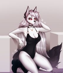  anthro artist_name black_clothing black_leotard boots breasts canid canid_demon canine cleavage clothed clothing demon eyebrows female fingers footwear fur grey_body grey_fur hair hellhound helluva_boss hi_res kneeling leotard long_hair looking_at_viewer loona_(helluva_boss) mammal multicolored_body multicolored_fur mythological_canine mythological_creature mythology o-ring o-ring_leotard portrait red_sclera slimorinkaowo solo three-quarter_portrait two_tone_body two_tone_fur white_body white_eyes white_fur white_hair 