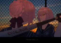  2girls absurdres artoria_pendragon_(fate) bad_id bad_pixiv_id black_bow bow braid chain-link_fence dark_persona excalibur_(fate/stay_night) excalibur_morgan_(fate) fate/grand_order fate/stay_night fate_(series) fence french_braid grey_hair hair_ribbon highres jeanne_d&#039;arc_alter_(avenger)_(fate) jeanne_d&#039;arc_alter_(fate) multiple_girls ribbon saber_alter school_uniform subtitled sunset upper_body yellow_eyes zaki_(zaki_btw) 