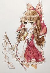  ascot bare_shoulders bow brown_eyes brown_hair closed_mouth collar detached_sleeves dress female from_behind gohei hair_between_eyes hair_ornament hair_tubes hairbow hakurei_reimu long_hair long_sleeves looking_to_the_side red_bow red_dress red_skirt ribbon-trimmed_sleeves ribbon_trim simple_background skirt solo standing touhou traditional_media white_background wide_sleeves yellow_ascot zhi_xixi 