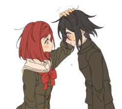  1boy arm_up black_hair black_jacket blush_stickers bow bowtie brown_jacket buttons closed_mouth commentary crying danganronpa_(series) danganronpa_v3:_killing_harmony eye_contact female from_side grey_background headpat jacket jingle_(mhb729) looking_at_another oma_kokichi purple_hair red_bow red_bowtie red_hair sailor_collar short_hair simple_background smile teardrop tears upper_body yumeno_himiko 