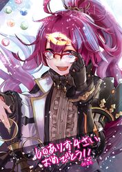  1boy ahoge black_gloves blue_eyes candy choker dorothy_(sinoalice) food genderswap_(ftm) gloves hair_ornament hairclip happy highres idol idol_clothes jacket long_hair looking_at_viewer male_focus misaki_(misaki_caca) open_mouth ponytail purple_hair rule_63 simple_background sinoalice solo syringe white_background 