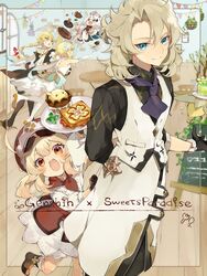  2boys 3girls aether_(genshin_impact) aether_(sweets_paradise)_(genshin_impact) ahoge albedo_(genshin_impact) albedo_(sweets_paradise)_(genshin_impact) apron ascot black_apron black_footwear black_gloves black_shirt blonde_hair blue_eyes blue_neckwear boots braid brown_footwear cabbie_hat cafe commentary dress elbow_gloves fish-flavored_toast_(genshin_impact) fisherman&#039;s_toast_(genshin_impact) flower food genshin_impact gloves hair_flower hair_ornament halo hat highres indoors klee_(genshin_impact) klee_(sweets_paradise)_(genshin_impact) long_hair looking_at_viewer lumine_(genshin_impact) lumine_(sweets_paradise)_(genshin_impact) menu_board multiple_boys multiple_girls naruka_(ynarukay) neckerchief necktie official_alternate_costume paimon_(genshin_impact) paimon_(sweets_paradise)_(genshin_impact) purple_ascot red_ascot red_eyes red_headwear red_skirt scarf shirt short_twintails skirt smile socks star_(symbol) star_hair_ornament steak stool sweets_paradise table thigh_boots thighhighs twintails very_long_hair vest white_apron white_dress white_footwear white_hair white_legwear white_scarf white_shirt white_vest wooden_floor yellow_eyes 