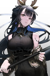  absurdres animal_ears antlers arknights bare_shoulders black_dress black_hair black_nails blue_hair blunt_bangs breasts brown_eyes commentary cowboy_shot deer_antlers deer_ears deer_girl dress female glint highres hiyaori_(hiyahiyaval) horns jewelry large_breasts long_hair long_sleeves looking_at_viewer material_growth multicolored_hair nail_polish necklace off_shoulder open_clothes oripathy_lesion_(arknights) parted_lips sleeveless sleeveless_dress smile solo tsukinogi_(arknights) two-tone_hair underbust 