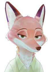  2020 anthro canid canine cheek_tuft clothed clothing disney facial_tuft fox fur green_eyes head_tuft hi_res inner_ear_fluff mammal nick_wilde orange_body orange_fur red_fox shirt simple_background smile solo swetpot topwear true_fox tuft unavailable_at_source white_background zootopia 