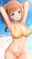  :d armpits arms_up ass_visible_through_thighs beach bikini blue_sky blurry blurry_background blush breasts brown_eyes brown_hair cleavage collarbone commentary_request commission cowboy_shot day depth_of_field female halterneck highres idolmaster idolmaster_cinderella_girls igarashi_kyoko long_hair looking_at_viewer medium_breasts navel ocean open_mouth outdoors pixiv_commission revision side-tie_bikini_bottom side_ponytail skindentation sky smile solo splashing stomach string_bikini swimsuit thigh_gap u_rin water yellow_bikini 