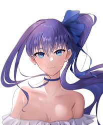  absurdres aikawa_lotus bare_shoulders blue_eyes blue_ribbon breasts choker cleavage collarbone commentary_request earrings fate/grand_order fate_(series) female hair_between_eyes hair_ribbon highres jewelry long_hair looking_at_viewer medium_breasts meltryllis_(fate) meltryllis_(swimsuit_lancer)_(fate) meltryllis_(swimsuit_lancer)_(third_ascension)_(fate) off-shoulder_one-piece_swimsuit off_shoulder one-piece_swimsuit purple_hair ribbon simple_background sleeves_past_wrists solo swimsuit very_long_hair white_background 