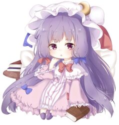  blue_bow book bow bowtie cape chibi crescent crescent_hat_ornament double_bun dress dress_bow female hair_bun hairbow hand_up hat hat_ornament hat_ribbon long_hair long_sleeves looking_at_viewer mob_cap open_mouth patchouli_knowledge pillow pink_dress pink_eyes purple_dress purple_eyes purple_footwear purple_hair purple_ribbon red_bow red_bowtie red_ribbon ribbon simple_background sitting slippers solo striped_clothes striped_dress table touhou very_long_hair white_background white_cape white_dress white_hat wide_sleeves zhi_xixi 