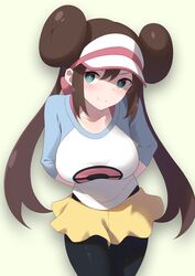  aqua_eyes arms_behind_back black_pantyhose blush breasts brown_hair closed_mouth collarbone cowboy_shot double_bun female green_eyes hair_bun highres large_breasts long_sleeves momihige pantyhose poke_ball_print pokemon pokemon_bw2 raglan_sleeves rosa_(pokemon) shadow shorts smile solo twintails visor_cap yellow_shorts 