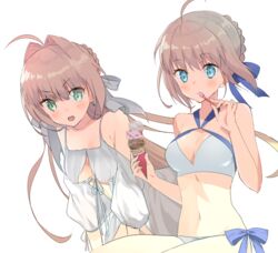  2girls :d ahoge artoria_pendragon_(fate) artoria_pendragon_(swimsuit_archer)_(fate) artoria_pendragon_(swimsuit_archer)_(first_ascension)_(fate) bikini blonde_hair blue_ribbon blush braid breasts criss-cross_halter dress eka_eri fate/grand_order fate_(series) food green_eyes hair_intakes hair_ribbon halterneck holding holding_food holding_utensil ice_cream_cone looking_at_another midriff multiple_girls nero_claudius_(fate) nero_claudius_(swimsuit_caster)_(fate) nero_claudius_(swimsuit_caster)_(third_ascension)_(fate) ribbon simple_background smile swimsuit white_background white_bikini white_dress white_ribbon 