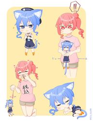  2girls 2zibure :3 adapted_costume anemachi animal_ear_fluff animal_ears blood blue_dress blue_eyes blue_hair carrying cat_ears cat_girl cat_tail chibi commentary_request dress hair_bun heart highres hololive hoshimachi_suisei hoshimachi_suisei_(casual) multiple_girls nosebleed pink_shirt sailor_dress shirt short_shorts shorts side_ponytail single_side_bun sleeping star_(symbol) star_in_eye symbol_in_eye tail translated trembling twitter_username virtual_youtuber 