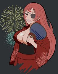  aerial_fireworks baiken baiken_(cosplay) breasts cosplay et_chi eyepatch facial_tattoo female fireworks floral_print guilty_gear guilty_gear_strive guilty_gear_strive_x_tower_records hand_fan highres japanese_clothes kimono large_breasts long_hair long_sleeves looking_at_viewer one-eyed paper_fan print_kimono red_eyes red_hair red_kimono scar scar_across_eye summer_festival tattoo tower_records uchiwa wide_sleeves yukata 