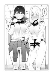  2girls blush breasts byte_(allbyte) cameltoe ceiling clothes_around_waist embarrassed full-face_blush greyscale highres indoors kneehighs long_sleeves medium_breasts medium_hair midriff monochrome multiple_girls original panties print_panties sailor_collar school school_uniform serafuku shaking_head shirt shirt_tug sidelocks socks speech_bubble stairs star_(symbol) star_panties star_print sweat sweatdrop thighs tied_shirt translation_request undershirt underwear 