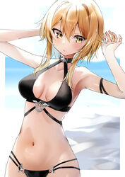  absurdres arm_behind_head arms_up bad_id bad_twitter_id bare_arms bare_shoulders bikini black_bikini blonde_hair blush breasts breasts_apart closed_mouth female genshin_impact hair_between_eyes highres looking_away lumine_(genshin_impact) medium_breasts nanashinayuzu_mochi navel sidelocks sideways_glance solo stomach swimsuit upper_body yellow_eyes 