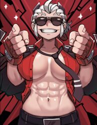  abs belt black_necktie breasts breasts_apart ezzydraws facing_viewer female finger_gun fingerless_gloves gloves grin helltaker highres horns jacket jacket_on_shoulders justice_(helltaker) large_breasts navel necktie no_bra open_clothes open_shirt pointing pointing_at_viewer red_gloves red_shirt shirt smile solo sunglasses white_hair 