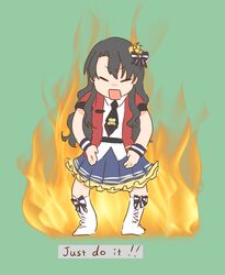  bad_id bad_twitter_id belt black_hair blue_skirt boots bow closed_eyes crown english_text fire frilled_skirt frills full_body green_background hair_ornament hairbow highres hutaba idolmaster idolmaster_million_live! idolmaster_million_live!_theater_days jacket just_do_it_(meme) long_hair meme necktie open_mouth parody red_jacket shia_labeouf shiny_trinity_(idolmaster) shirt sidelocks skirt solo takayama_sayoko v-shaped_eyebrows wavy_hair white_footwear white_shirt 