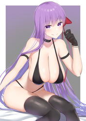  bb_(fate) bb_(fate/extra) blush breasts cleavage commentary_request commission fate/extra fate/extra_ccc fate_(series) female hair_ribbon highres kitajima_yuuki large_breasts long_hair looking_at_viewer partial_commentary purple_eyes purple_hair red_ribbon ribbon skeb_commission smile solo very_long_hair 