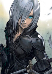  1boy black_bodysuit black_gloves bodysuit final_fantasy final_fantasy_vii final_fantasy_vii_advent_children gloves green_eyes grey_hair hair_over_one_eye hungry_clicker kadaj katana lips looking_at_viewer male_focus reverse_grip short_hair smile solo strap sword traditional_media weapon 