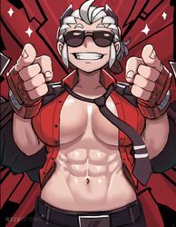  abs absurdres belt black_necktie breasts breasts_apart ezzydraws facing_viewer female finger_gun fingerless_gloves gloves grin helltaker highres horns jacket jacket_on_shoulders justice_(helltaker) large_breasts navel necktie no_bra open_clothes open_shirt pointing pointing_at_viewer red_gloves red_shirt shirt smile solo sunglasses white_hair 