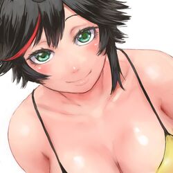  bare_shoulders black_hair breasts cleavage closed_mouth dutch_angle female green_eyes halterneck indie_virtual_youtuber large_breasts looking_at_viewer minori_yumeko multicolored_hair short_hair shu-mai simple_background smile solo streaked_hair upper_body virtual_youtuber white_background 