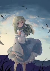  bare_shoulders blue_skirt blue_sky breasts closed_mouth cloud cloudy_sky day detached_sleeves feathers female frog_hair_ornament gohei gradient_sky grass green_eyes green_hair hair_between_eyes hair_ornament hair_tubes kochiya_sanae long_hair long_sleeves looking_at_viewer medium_breasts mountain outdoors shadow shirt skirt sky snake_hair_ornament solo standing touhou white_shirt wide_sleeves wind yellow_sky zhi_xixi 