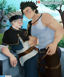  2boys ass asta_(black_clover) bara black_bulls_(emblem) black_capelet black_clover black_hair black_headwear black_pants blush bulge bulge_press bulges_touching capelet cowboy_shot grelxb grey_hair headband highres leather male_focus multiple_boys muscular muscular_male outdoors paid_reward_available pants patreon_username pectorals short_hair single_bare_shoulder size_difference tank_top torn_capelet torn_clothes white_tank_top yami_sukehiro yaoi 