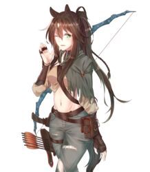  animal_ears arknights arrow_(projectile) belt bow_(weapon) braid breasts brown_belt brown_hair brown_shirt capelet chinese_commentary commentary_request cowboy_shot crop_top female green_eyes grey_capelet grey_pants groin hair_between_eyes hand_up highres horse_ears long_hair long_sleeves looking_at_viewer medium_breasts meteor_(arknights) midriff minuo navel pants parted_lips pouch quiver shirt smile solo standing stomach tail transparent_background vambraces weapon 