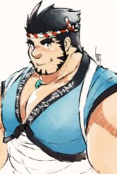  1boy bandages bara beard belly black_hair facial_hair forked_eyebrows hachimaki happi headband higemorigen highres japanese_clothes jewelry large_pectorals long_sideburns looking_at_viewer magatama magatama_necklace male_focus mature_male midriff_sarashi muscular muscular_male necklace nejiri_hachimaki pectoral_cleavage pectorals plump sarashi short_hair sideburns solo tajikarao_(housamo) thick_eyebrows tokyo_afterschool_summoners tusks upper_body 