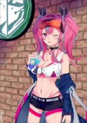  ;p artist_name azur_lane bare_shoulders belt bikini bikini_under_clothes black_choker black_shorts blue_jacket blurry blush breasts bremerton_(azur_lane) brick_wall chainedk choker cleavage collarbone commentary_request cowboy_shot crop_top crop_top_overhang cup depth_of_field disposable_cup drink drinking_straw eyewear_on_head female front-tie_bikini_top front-tie_top grey_belt grey_hair groin hair_between_eyes hair_intakes hair_ornament hand_up highleg highleg_bikini holding holding_cup jacket large_breasts lifebuoy_ornament logo logo_parody long_hair long_sleeves looking_at_viewer midriff multicolored_hair navel navel_piercing off_shoulder one_eye_closed open_clothes open_jacket piercing pink_bikini pink_eyes pink_hair red-tinted_eyewear shade shirt short_shorts shorts side-tie_bikini_bottom sidelocks sleeveless sleeveless_shirt smile solo standing streaked_hair sunglasses swimsuit thigh_strap tinted_eyewear tongue tongue_out twintails two-tone_hair two-tone_shirt underboob 