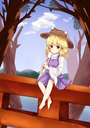  barefoot blonde_hair blue_sky breasts brown_eyes brown_hat closed_mouth cloud cloudy_sky dress female gohei hands_up hat lake long_sleeves looking_at_viewer medium_breasts moriya_suwako mountain purple_dress shirt short_hair sitting sky solo torii touhou tree water white_shirt wide_sleeves yellow_eyes zhi_xixi 