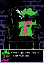  2022 anthro blush blush_lines bovid brick_wall caprine chair clothing deltarune dialogue english_text eyewear furniture gesture glasses goat green_clothing hand_gesture male mammal mii2sii on_chair pointing pointing_down pokesiimii ralsei robe scarf sitting sitting_on_chair smile smirk solo spread_legs spreading text text_box tucked_legs undertale_(series) wall_(structure) 