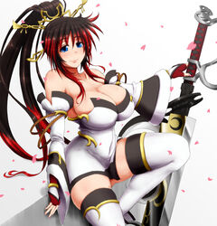  bare_shoulders black_hair blue_eyes breasts curvy detached_sleeves dress female fingerless_gloves gloves hair_ornament high_ponytail huge_breasts huge_weapon looking_at_viewer multicolored_hair nanbu_kaguya petals ponpo red_gloves red_hair simple_background sitting smile solo strapless strapless_dress super_robot_wars super_robot_wars_og_saga_mugen_no_frontier sword thick_thighs thighhighs thighs weapon white_dress 