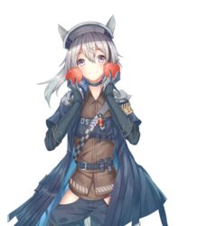  animal_ears apple arknights armor belt blue_gloves blue_jacket blue_pants blush choker commentary_request cowboy_shot female food fruit gloves grani_(arknights) grey_hair grey_shirt hair_between_eyes hands_up hat highres hip_vent holding holding_food holding_fruit horse_ears jacket long_hair looking_at_viewer minuo open_clothes open_jacket pants pauldrons ponytail purple_eyes shirt shoulder_armor smile solo standing transparent_background 