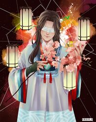  1boy absurdres ao_nhat_binh artist_name blindfold covered_eyes flower highres holding holding_flower jade_pendant kass_10000 lamp light_smile long_hair male_focus modao_zushi solo vietnamese_clothes vietnamese_dress white_blindfold xiao_xingchen 