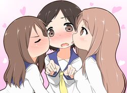  3girls aikawa_chiho bad_id bad_pixiv_id blush brown_eyes brown_hair closed_eyes commentary_request double_cheek_kiss girl_sandwich hasegawa_fumi heart kissing kissing_cheek licking licking_another&#039;s_cheek licking_another&#039;s_face multiple_girls okano_kei open_mouth profile sandwiched school_uniform serafuku tongue tongue_out watage_(lucky_yyg) wavy_mouth yuri yuyushiki yuyushiki&#039;s_school_uniform 