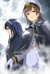  2girls black_hair blue_eyes brown_eyes brown_hair cape commentary_request gloves gustav_(telomere_na) hairband hat idolmaster idolmaster_cinderella_girls idolmaster_cinderella_girls_starlight_stage long_hair military military_hat military_uniform multiple_girls naval_uniform nitta_minami peaked_cap sagisawa_fumika seizon_honnou_valkyria_(idolmaster) uniform 