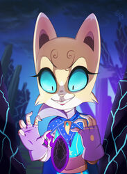  anthro aura blue_sclera claws cloak clothing crystals dannyckoo evil_grin fangs feline feline female gloves glowing mammal smile solo stone stories:_the_path_of_destinies zenobia 