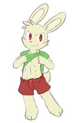  abs anthro big_head biped bottomwear clothed clothing clothing_lift fur lagomorph leporid looking_at_viewer male mammal muscular muscular_anthro muscular_male oob rabbit red_eyes shirt shirt_lift shorts simple_background solo standing toony topwear white_background white_body white_fur 