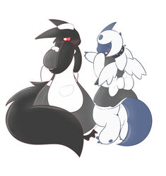  2018 absol anthro blush clothed clothing delta-eon digital_media_(artwork) dragon duo embarrassed famale_(delta-eon) female fur generation_3_pokemon hi_res laugh maid_uniform mythological_creature mythological_scalie mythology nintendo pokemon pokemon_(species) reptile scalie shade_(delta-eon) simple_background tail uniform white_background 