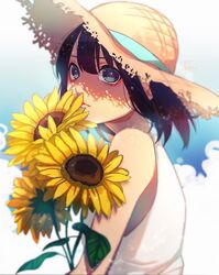  bad_id bad_twitter_id beni_(bn12x20) black_hair blue_background blue_eyes blue_ribbon closed_curtains commentary dress female flower gradient_background hair_between_eyes hat hat_ribbon highres lips original ribbon signature solo straw_hat sunflower symbol-only_commentary white_background white_dress yellow_flower 