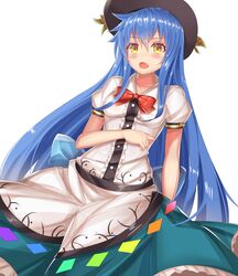  ashu blue_hair bow breasts commentary_request female hat highres hinanawi_tenshi long_hair oerba_yun_fang open_mouth puffy_short_sleeves puffy_sleeves rope shimenawa shirt short_sleeves skirt small_breasts solo touhou very_long_hair yellow_eyes 